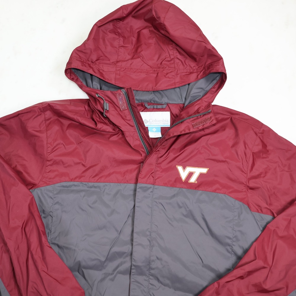 Columbia Mens Virginia Tech Hokies Rain Jacket Maroon Gray Hooded Medium VT
